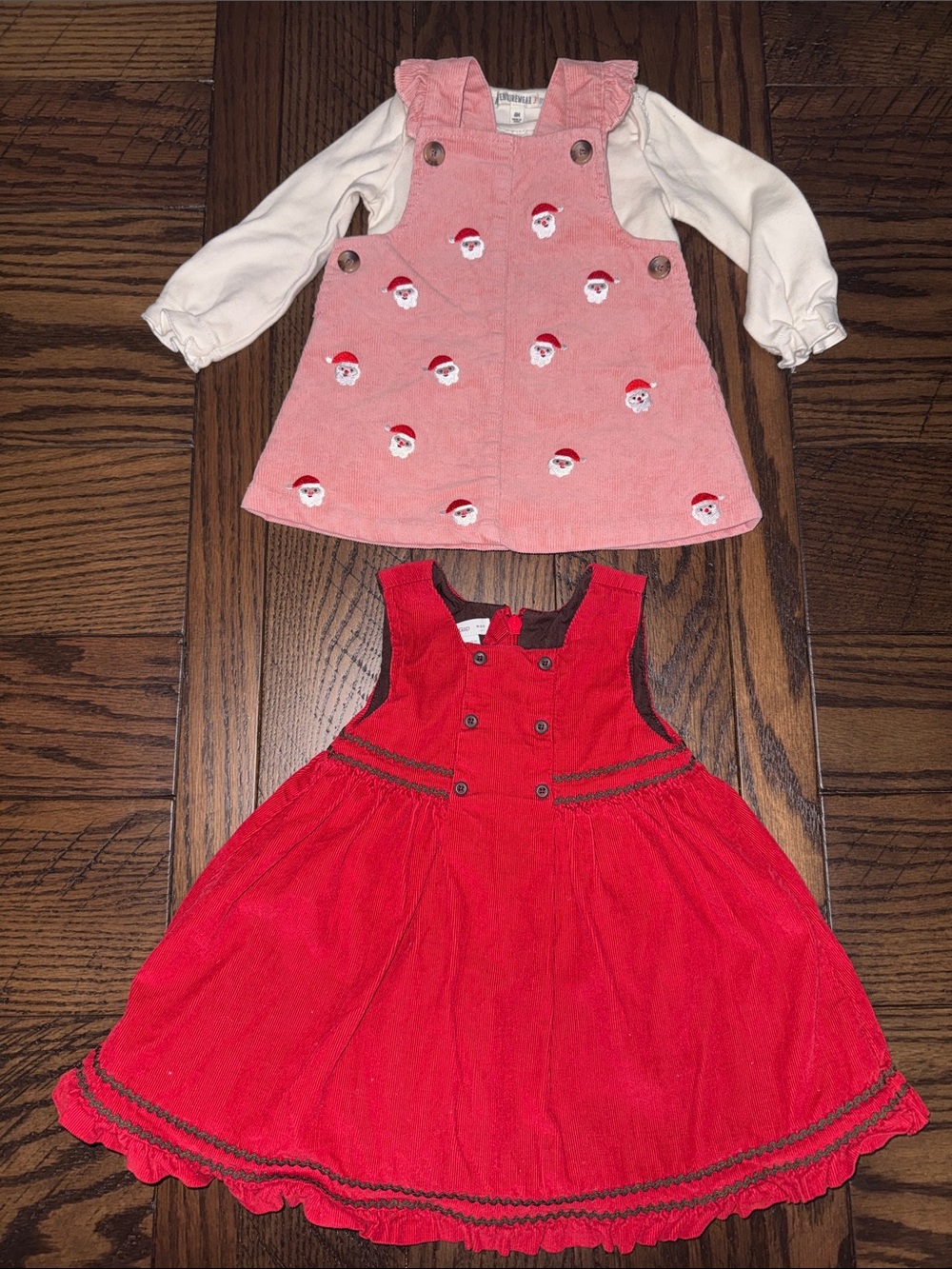 🎄 Baby Pink Santa Corduroy Pinafore + Red Holiday Dress Set🎄